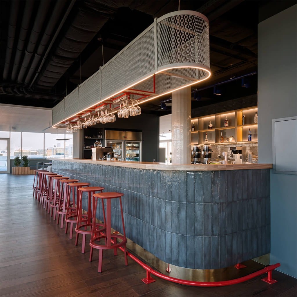 bar counter with blue ceramic tiles in the office
