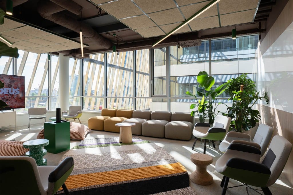 lounge seating area with gan rug Nordeus workspace interior
